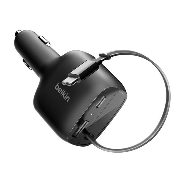 Belkin BoostCharge Autoladegerät mit ausziehbarem Kabel USB-C/USB-A 75 W - Schwarz