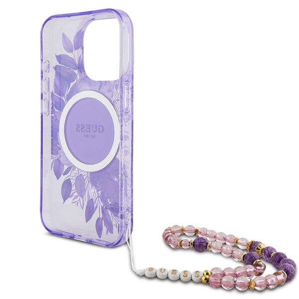 Guess MagSafe IML Flowers Case mit Beads Strap für das iPhone 15 Pro - Purple