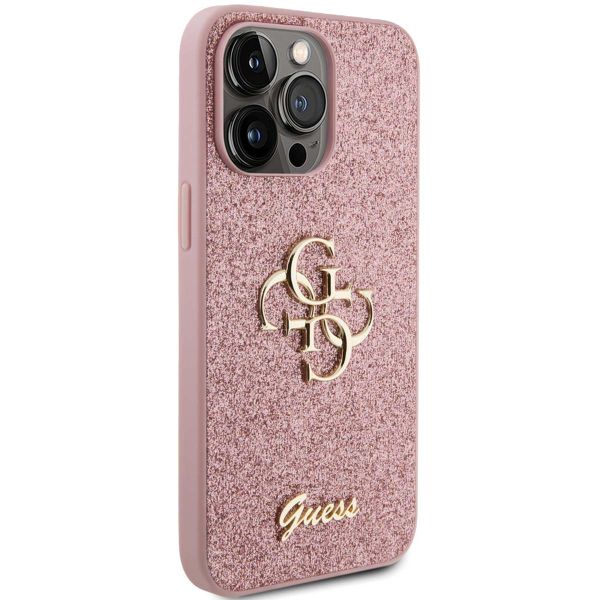 Guess 4G Metal Logo Back Cover mit Glitter für das iPhone 15 Pro Max - Rosa