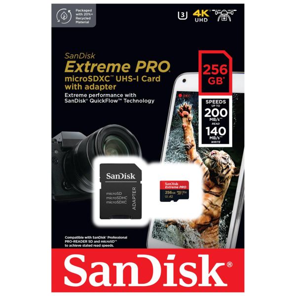 SanDisk microSD Extreme PRO - 256GB - Inklusive SD-Adapter und RescuePro Deluxe - UHS-I/U3/Full HD/4K UHD