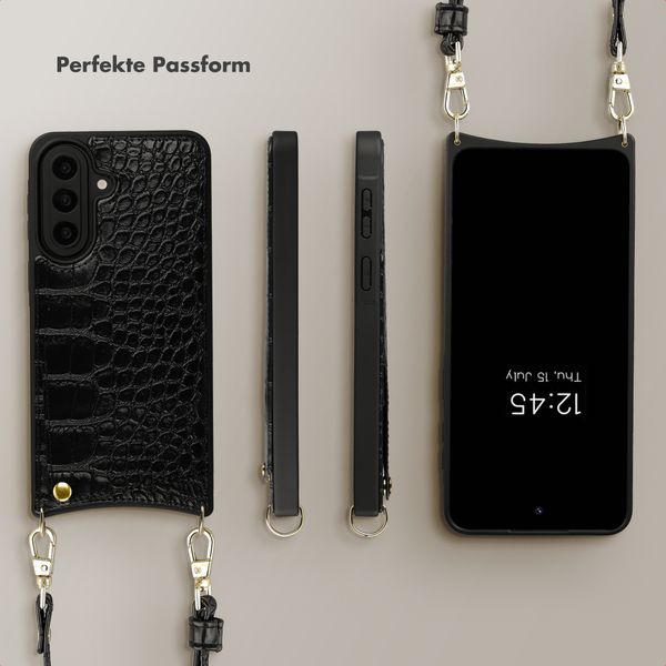 Selencia Nova Croco HandyHülle mit Kordel und Kartenhalter Samsung Galaxy A57 (5G) - Schwarz