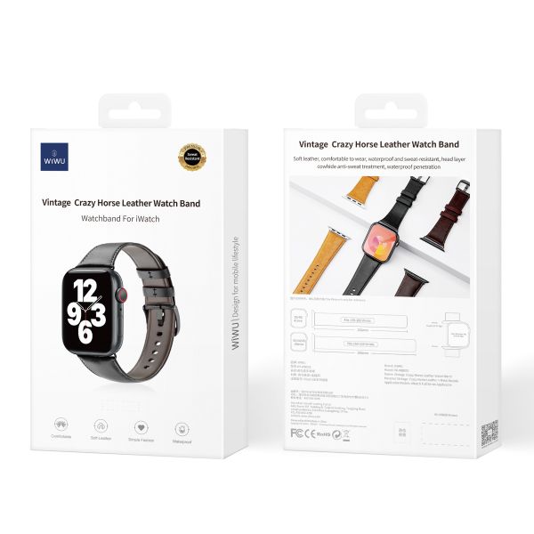 WiWu Vintage Lederarmband für das  Apple Watch Series 1 t/m 11 / SE / Ultra (44/45/46/49 mm) - Schwarz