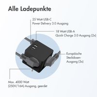 Accezz PowerCube | 6-in-1 - 1x USB-C + 2x USB-A + 3x Steckdose - 4000 Watt - Schwarz