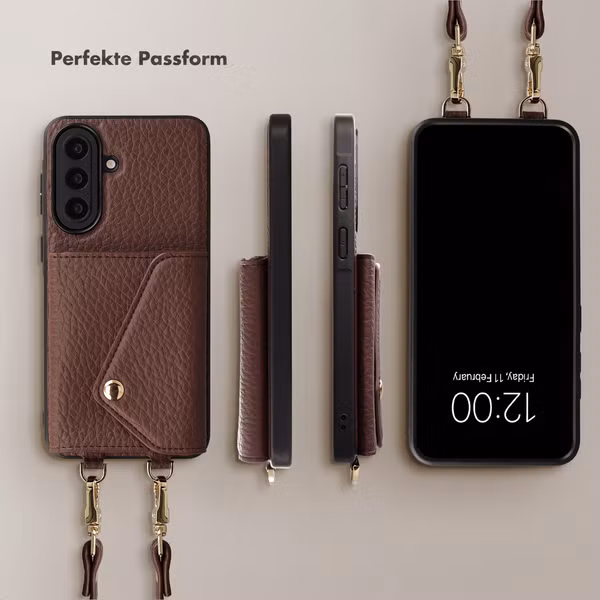 Selencia Sera HandyHülle mit Kordel und Umschlag-Kartenhalter Samsung Galaxy A57 (5G) - Chocolate Brown