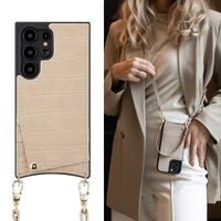 Selencia Nova Croco HandyHülle mit Kordel und Kartenhalter Samsung Galaxy S24 Ultra - Beige