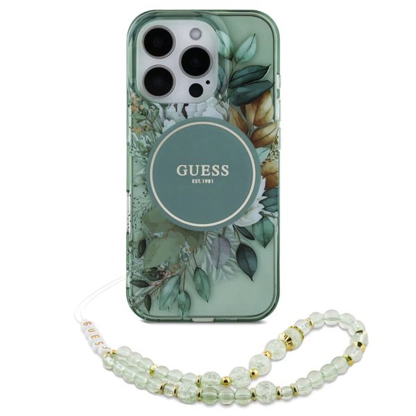 Guess MagSafe IML Flowers Case mit Beads Strap für das iPhone 15 - Green