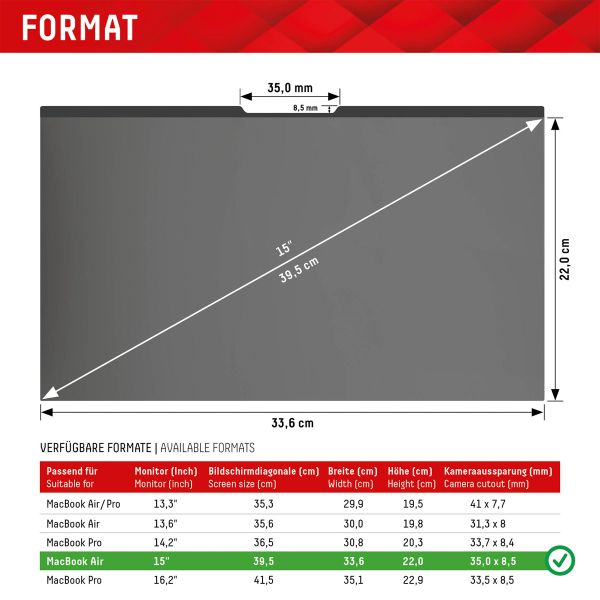 Displex Privacy Safe magnetische Bildschirmschutz für MacBook Air 15 Zoll - A2941 /  A1707 / A1990 / A1398 / A3114