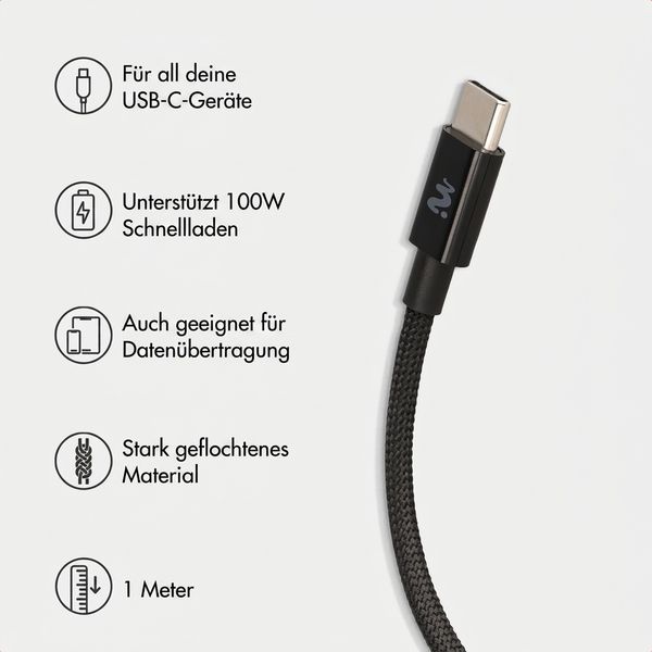 imoshion Braided USB-C-zu-USB-C-Kabel 100 W - 1 Meter - Schwarz
