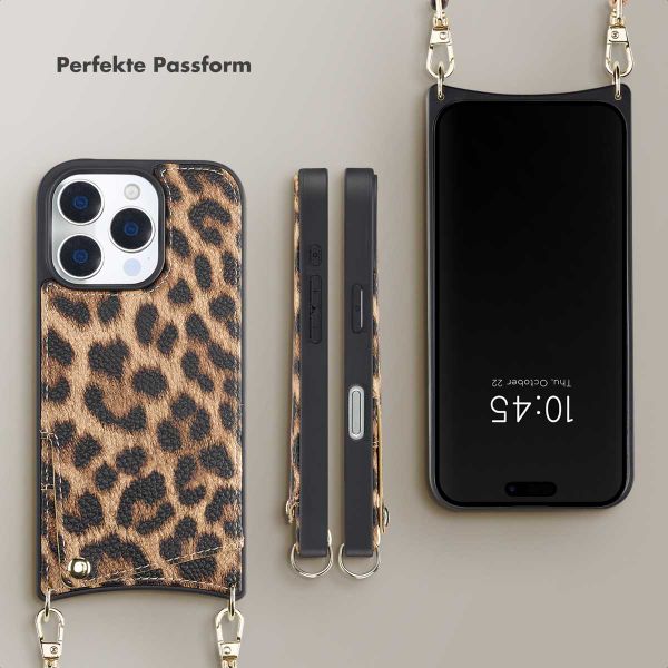 Selencia Nova Back Cover mit Kordel und Kartenhalter für das iPhone 16 Pro - Leopard