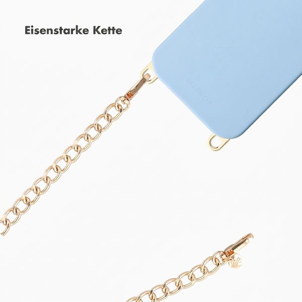 Selencia Rivièra MagSafe Backcover mit abnehmbaren Haken für das Apple iPhone 14 / 13 - Powder Blue + Bold Chain (130 cm) - Gold