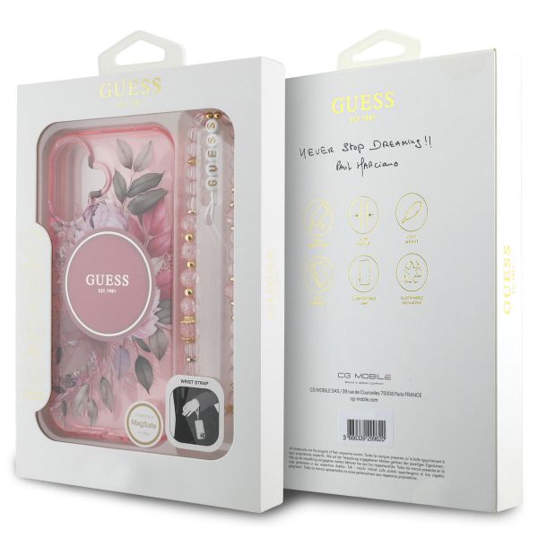 Guess MagSafe IML Flowers Case mit Beads Strap Apple iPhone 16 - Pink