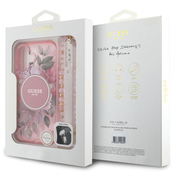 Guess MagSafe IML Flowers Case mit Beads Strap für das iPhone 16 - Pink