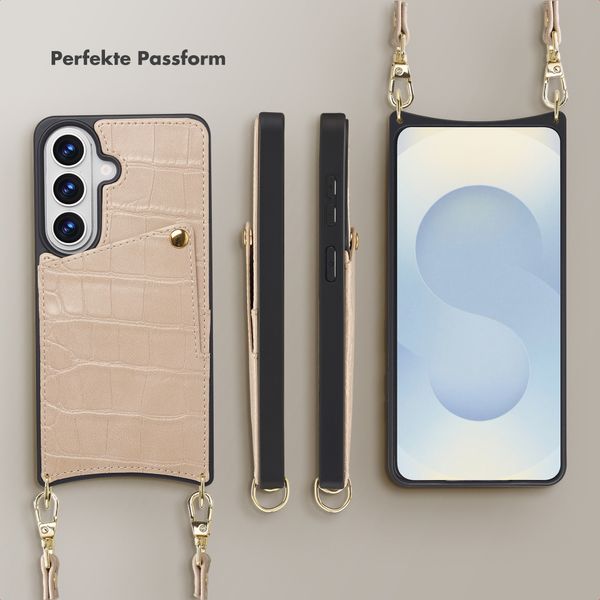 Selencia Nova Croco HandyHülle mit Kordel und Kartenhalter Samsung Galaxy S26 - Beige
