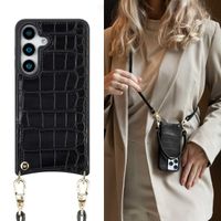 Selencia Nova Croco HandyHülle mit Kordel und Kartenhalter Samsung Galaxy S25 - Schwarz