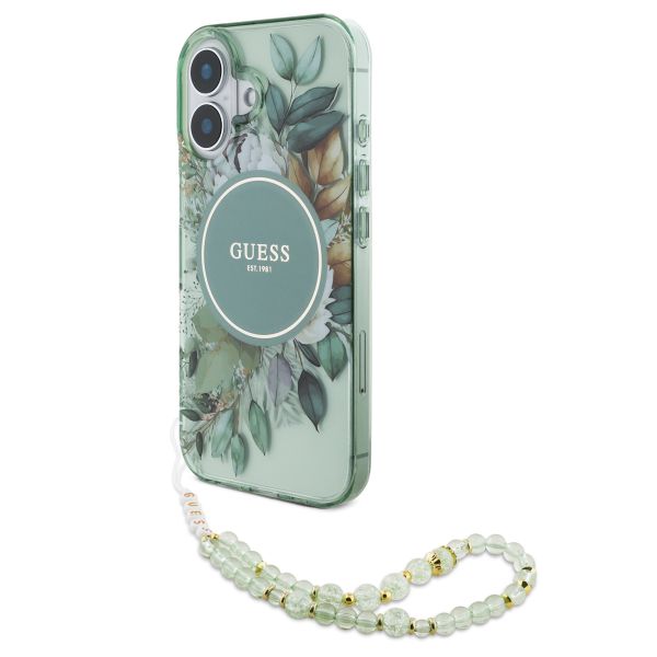 Guess MagSafe IML Flowers Case mit Beads Strap für das Apple iPhone 16 - Green