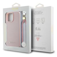 Guess Grained Back Cover MagSafe mit Flower Charm Strap für das iPhone 16 Pro Max - Rosa