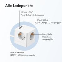 Accezz PowerCube Strip | 6-in-1 - 1x USB-C + 2x USB-A + 3x Steckdose - 4000 Watt - Weiß