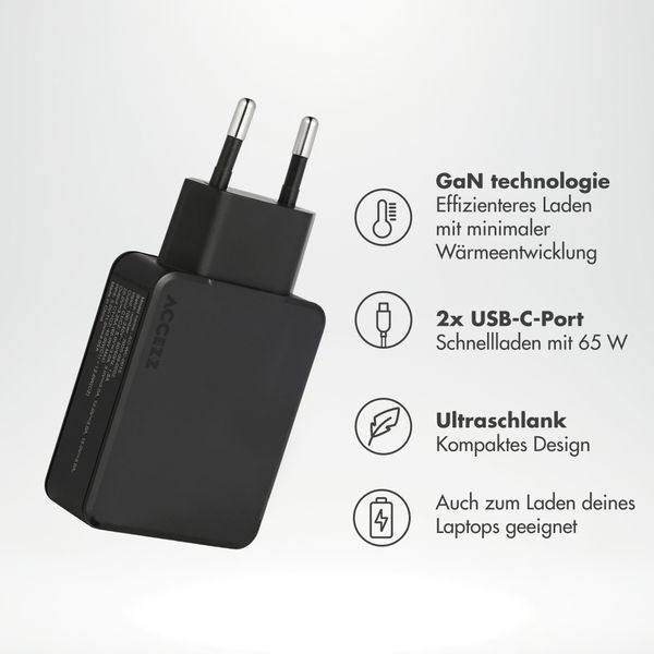 Accezz Ultra Slim GaN Ladegerät - 2x USB-C - 65 W - Schwarz