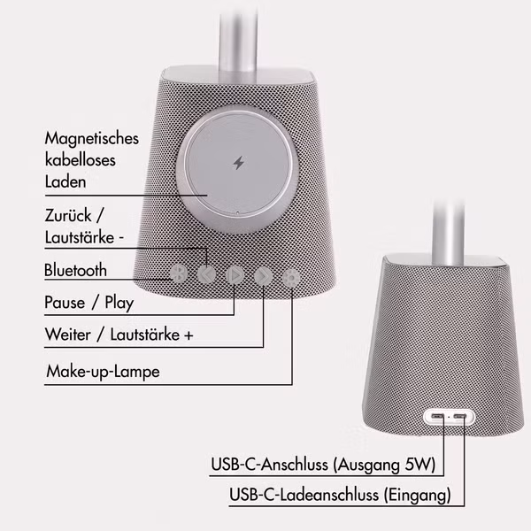 imoshion Make-up-Spiegel mit Bluetooth-Lautsprecher und kabellosem Ladegerät - Silber