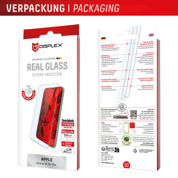 Displex Bildschirmschutzfolie Real Glass für das Apple iPhone 16 Pro Max