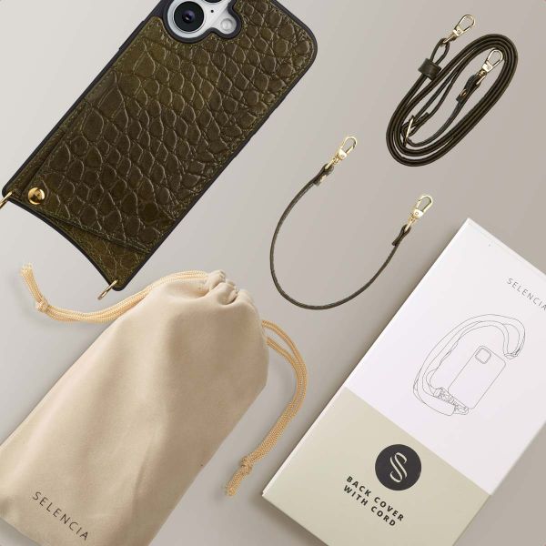 Selencia Nova Croco HandyHülle mit Kordel und Kartenhalter Apple iPhone 16 - Dark Olive