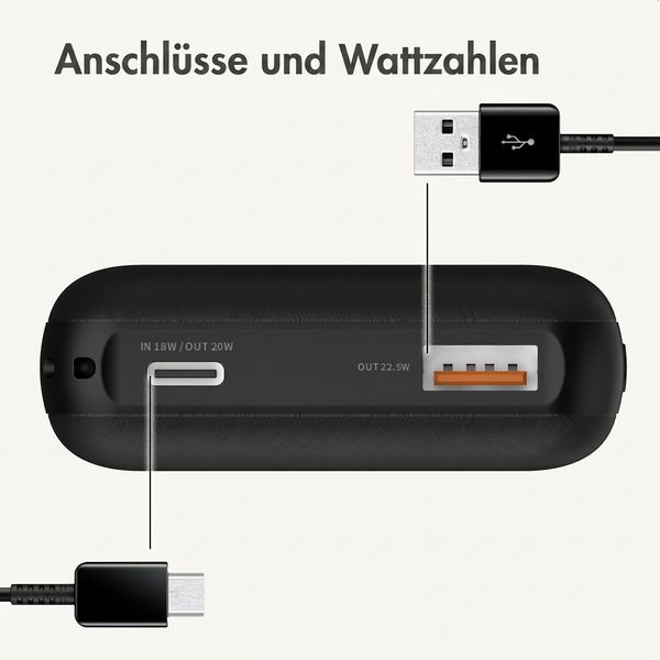 imoshion Kompakte Powerbank 10.000 mAh - Kleine Powerbank - 22,5W Schnellladegerät - USB-C / USB-A - Schwarz