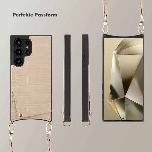 Selencia Nova Croco HandyHülle mit Kordel und Kartenhalter Samsung Galaxy S24 Ultra - Beige