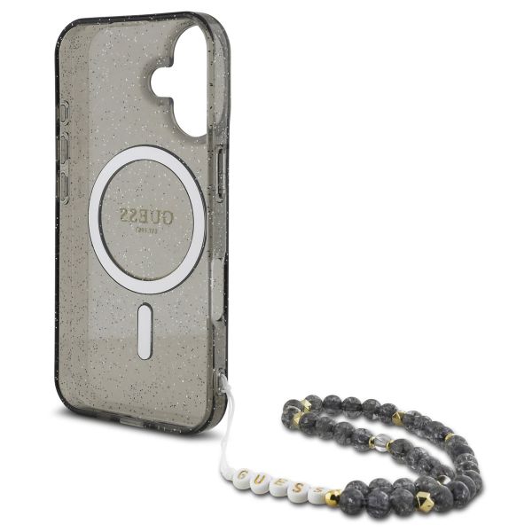 Guess MagSafe IML Glitter Case mit Beads Strap für das iPhone 16 - Black