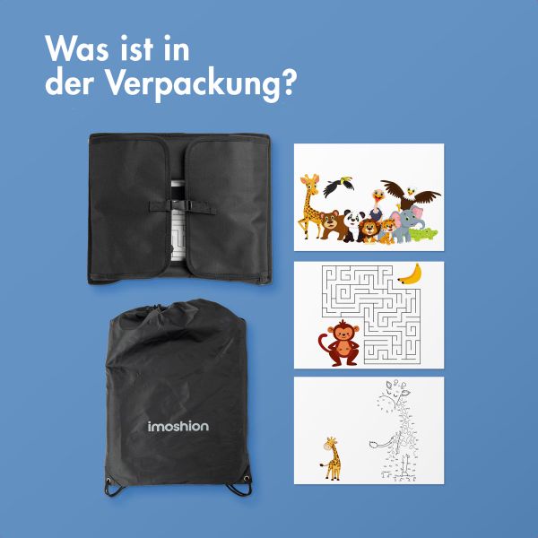 imoshion Reisetisch - Tablethalter Auto - 7 Aufbewahrungsfächer - Inklusive 2 Malvorlagen - Schwarz