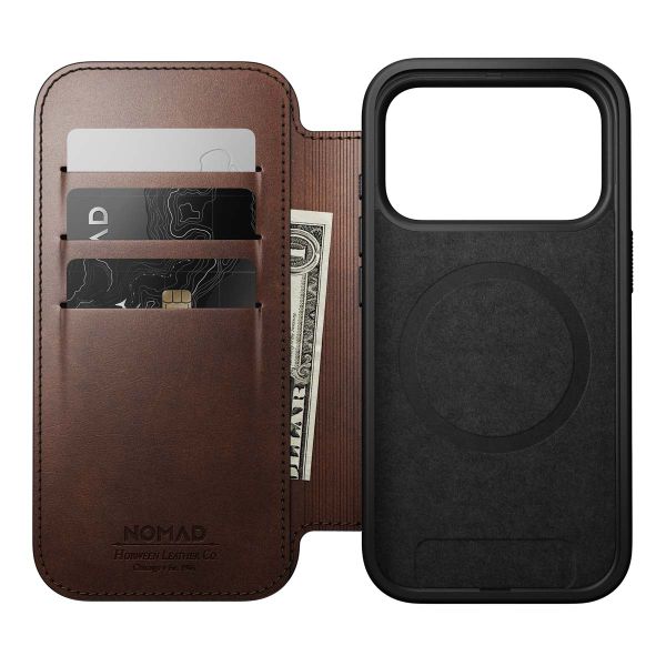 Nomad Modern Horween Leather Folio Bookcase mit MagSafe Apple iPhone 17 Pro - Rustic Brown