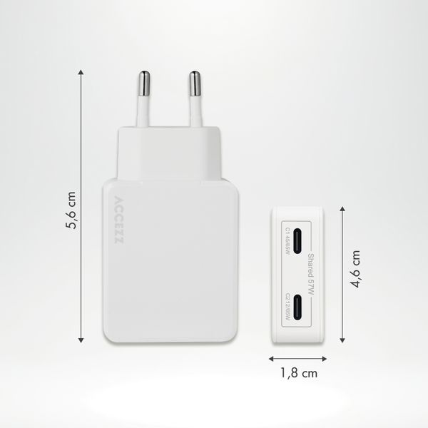 Accezz Ultra Slim GaN Ladegerät - 2x USB-C - 65 W - Weiß