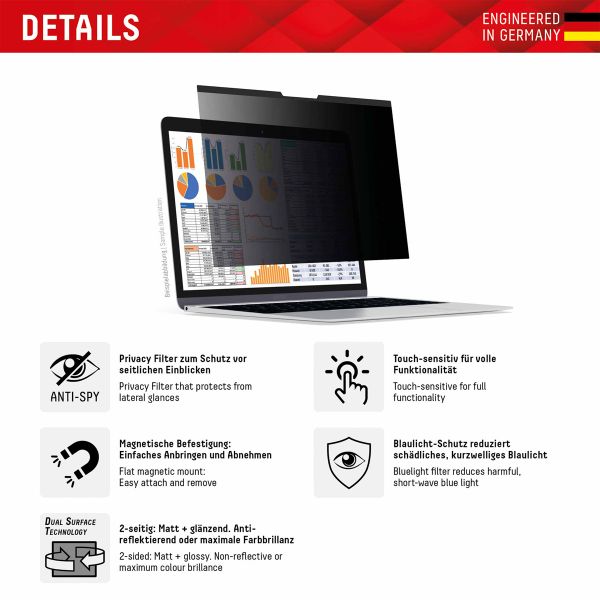 Displex Privacy Safe magnetische Bildschirmschutz MacBook Air 13 Zoll (2022 / 2024 M3 chip / 2025 M4 chip) - A2681 / A3113 / A3240