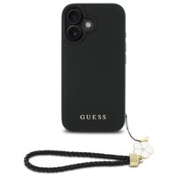 Guess Grained Back Cover MagSafe mit Flower Charm Strap für das iPhone 16 - Schwarz