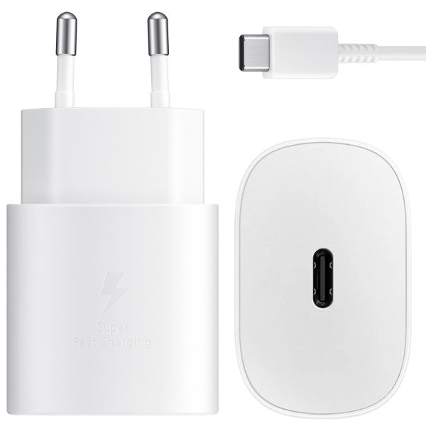 Samsung Original USB-C-zu-USB-C-Kabel - 1 meter - 25 Watt - Weiß + Original Fast Charging Adapter USB-C Oplader - in Fabrikverpackung - 25 Watt - Weiß