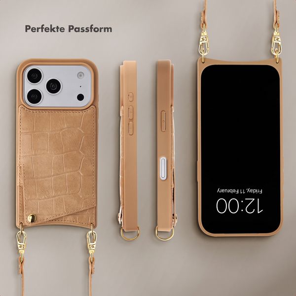 Selencia Nova Croco HandyHülle mit Kordel und Kartenhalter Apple iPhone 18 Pro / 17 Pro - Toasted Almond