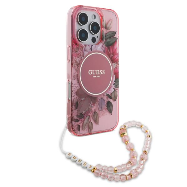 Guess MagSafe IML Flowers Case mit Beads Strap für das iPhone 16 Pro Max - Pink