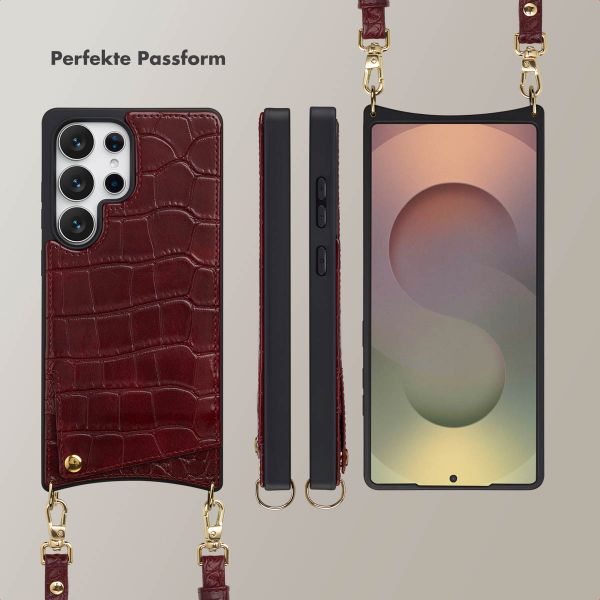 Selencia Nova Croco HandyHülle mit Kordel und Kartenhalter Samsung Galaxy S25 Ultra - Burgundy