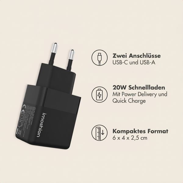 imoshion Wandladegerät - Ladegerät - USB-C- und USB-Anschluss - Power Delivery - 20 Watt - Schwarz