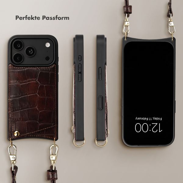 Selencia Nova Croco HandyHülle mit Kordel und Kartenhalter Apple iPhone 18 Pro / 17 Pro - Choco Brown