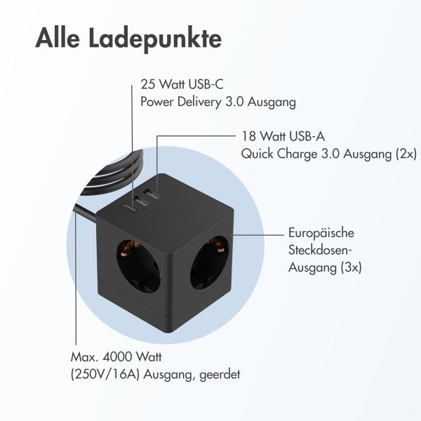 Accezz PowerCube Strip | 6-in-1 - 1x USB-C + 2x USB-A + 3x Steckdose - 4000 Watt - Schwarz