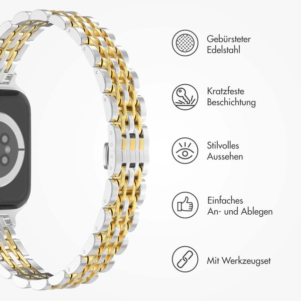 Selencia Jubilee inspiriertes schmales Edelstahlarmband für Apple Watch Series 1 t/m 9 / SE (38/40/41 mm) | Series 10 / 11 (42 mm) - Silber und Gold