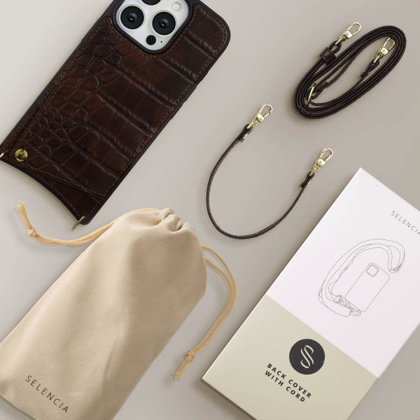 Selencia Nova Croco HandyHülle mit Kordel und Kartenhalter Apple iPhone 16 Pro - Choco Brown
