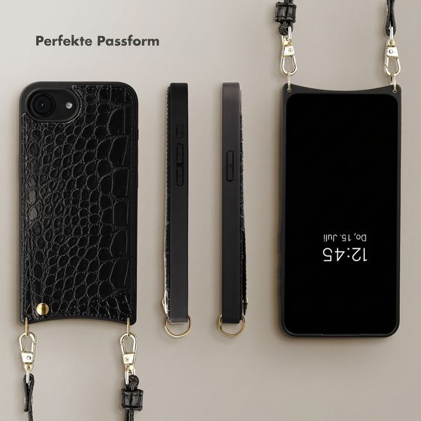 Selencia Nova Croco HandyHülle mit Kordel und Kartenhalter Apple iPhone 17e / 16e - Schwarz