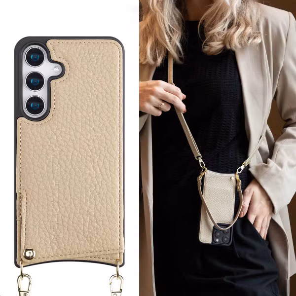 Selencia Nova HandyHülle mit Kordel und Kartenhalter Samsung Galaxy S25 - Beige