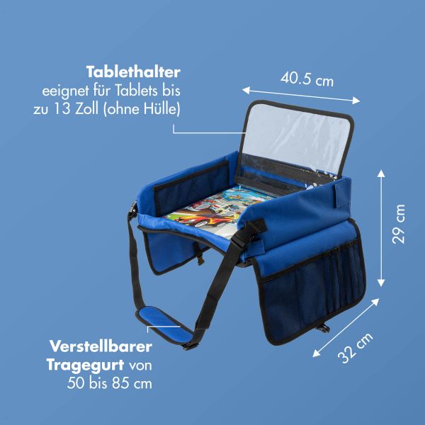 imoshion Reisetisch - Tablethalter Auto - 7 Aufbewahrungsfächer - Inklusive 2 Malvorlagen - Blau