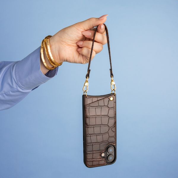 Selencia Nova Croco HandyHülle mit Kordel und Kartenhalter Samsung Galaxy S25 FE - Choco Brown