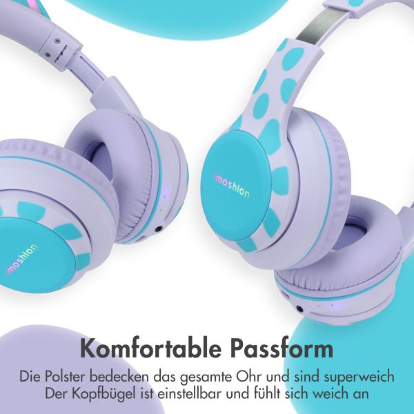 imoshion Kids Unicorn LED Light Bluetooth Kopfhörer - Kinderkopfhörer mit Dezibelbegrenzer - Drahtloser Kopfhörer + AUX-Kabel - Lavender Lilac / Soft Blue