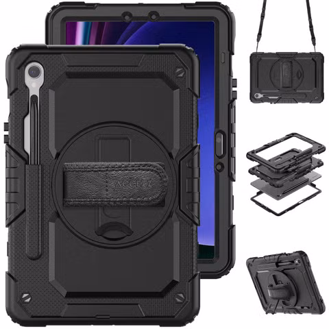 Accezz Robustes Back Cover mit Schultergurt für das Samsung Galaxy Tab S10 Lite / S9 11 Zoll / S10 FE / S9 FE 10.9 Zoll - Schwarz