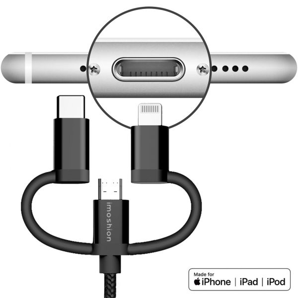 imoshion 3-in-1-Kabel - Lightning-, USB-C- und Micro-USB-Kabel - Geflochtenes Gewebe - 1,5 Meter - Schwarz