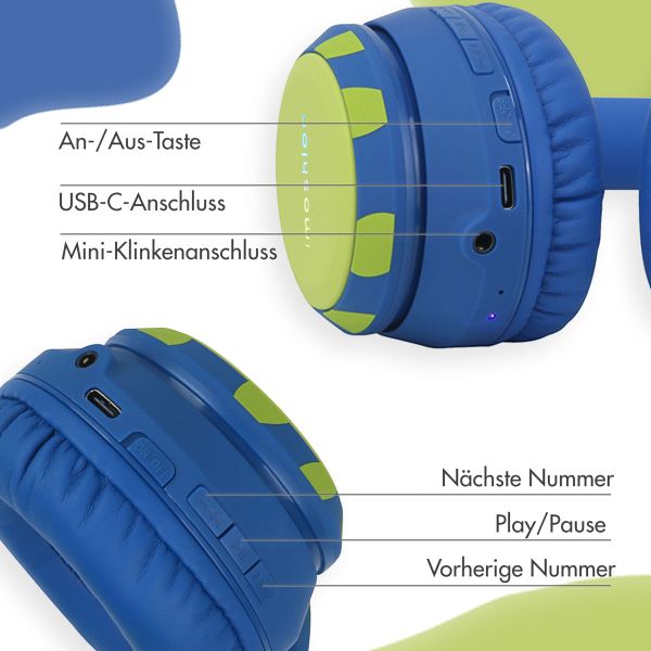 imoshion Kids Dino Bluetooth-Kopfhörer - Kinderkopfhörer mit Dezibelbegrenzer - Drahtloser Kopfhörer + AUX-Kabel - Cobalt Blue / Lime